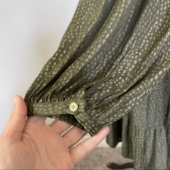 LOFT Fresh Ivy Green Smocked Yoke Swing Dress Women Size XL Long Sleeve Olive - Picture 7 of 11